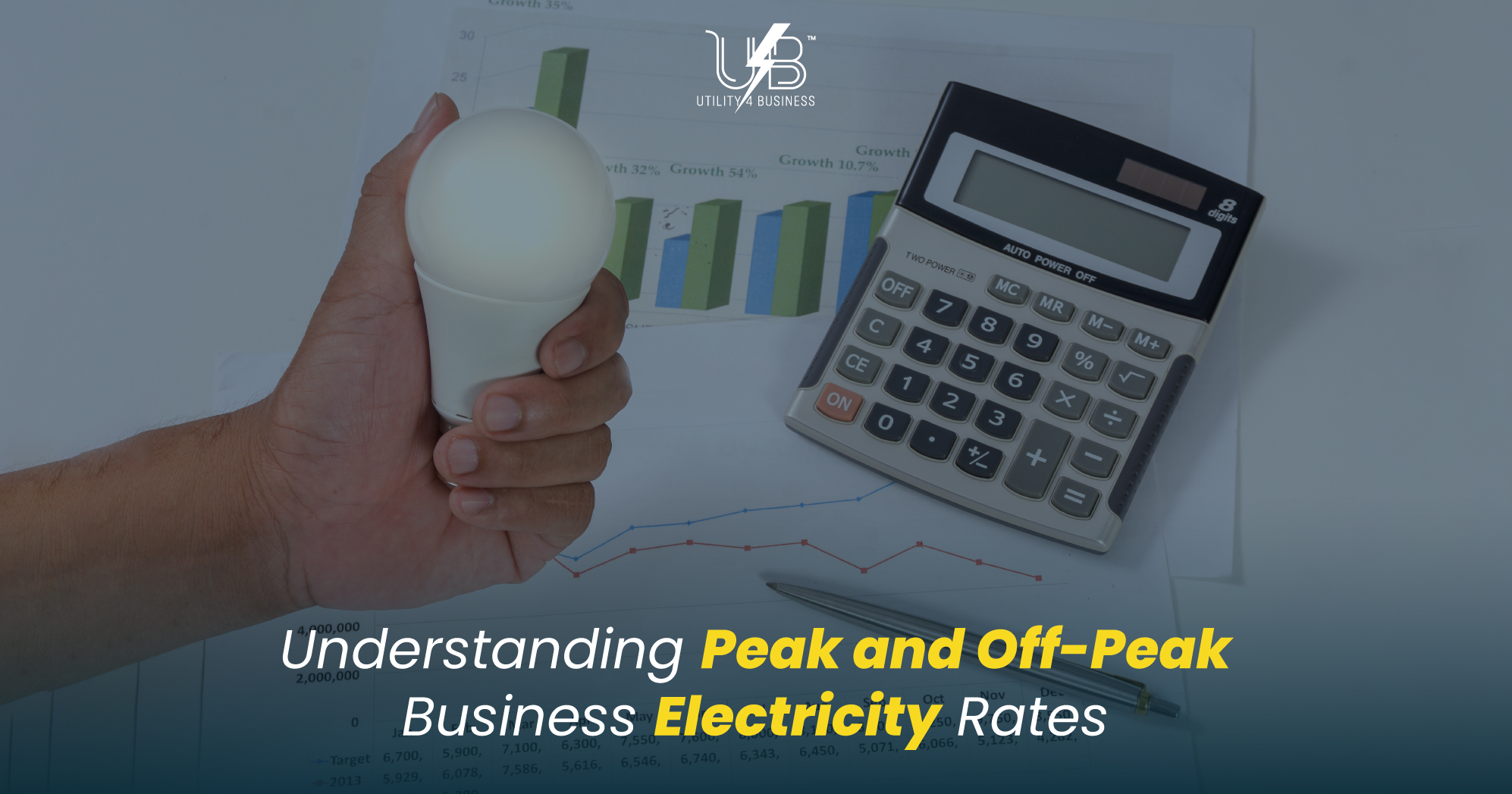 Peak and off-peak business electricity rates analysis with energy-saving lightbulb and cost calculation tools